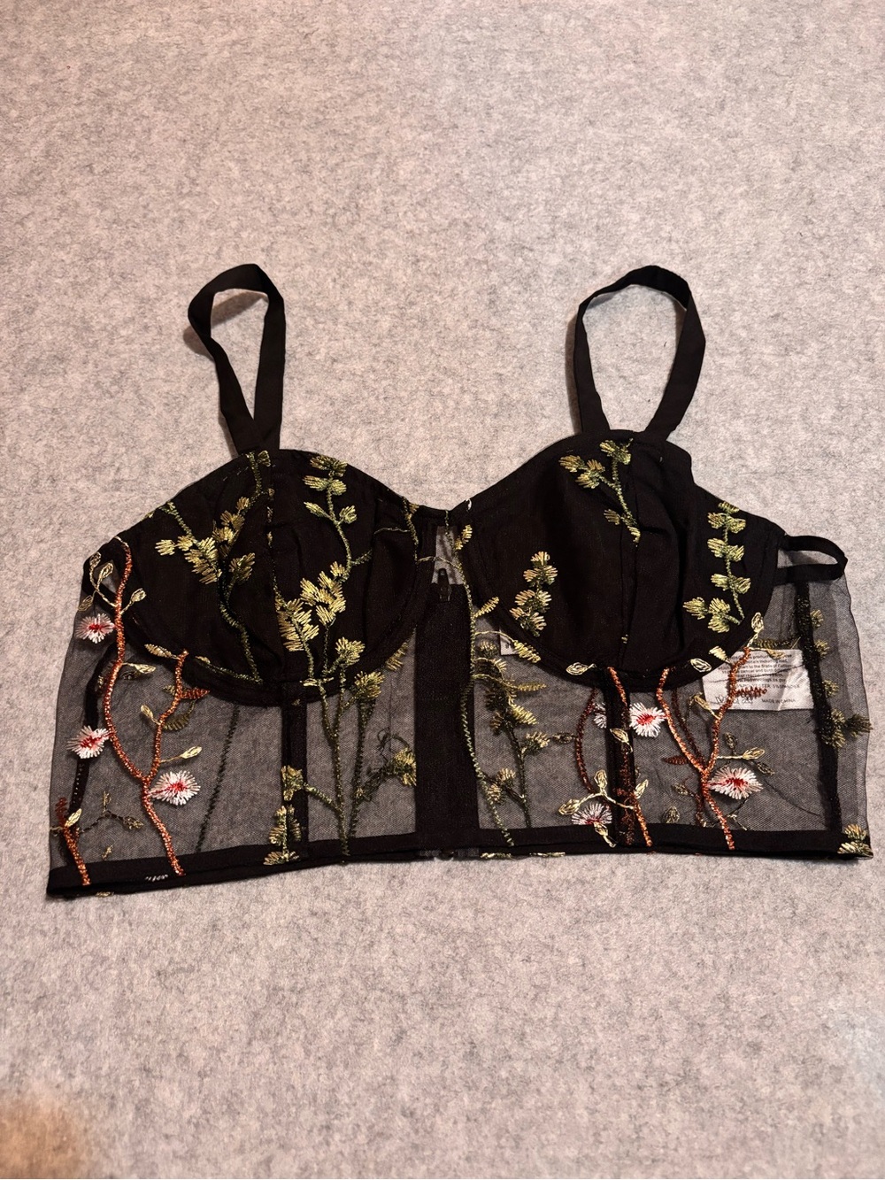 iHeartRaves Floral Flowerfields Black Mesh Embroidered Corset Top